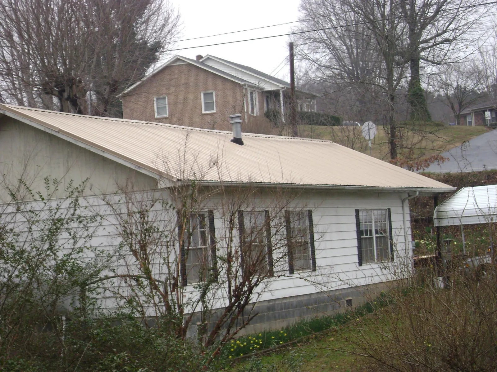 Tan metal roof on a white sided house set into a hillside — Commercial Roofing by Roofing Brothers in Davy